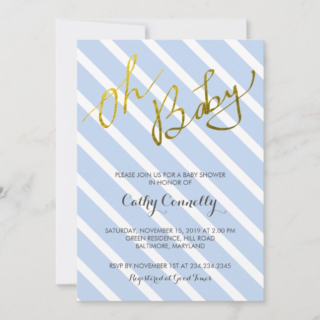 Convite Folha de Ouro Moderna Oh Bebê Script Azul (Frente)