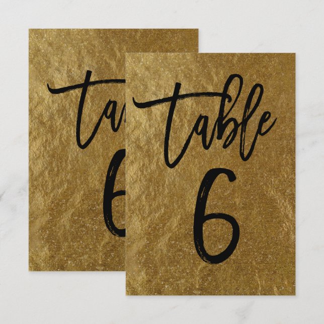 Convite Folha de Ouro Moderno Número da Mesa 6 em Grafia (Frente/Verso)