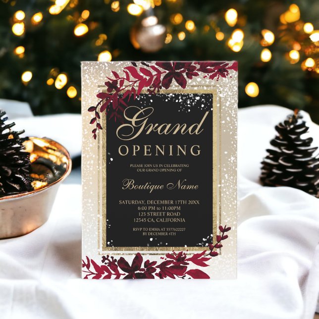 Convite folha de ouro neve elegante vermelha grande abertu (gold leaf snow elegant red Christmas grand opening Invitation)