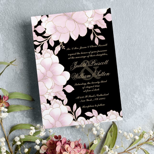 Convite Folha de ouro preto-rosa-esbranquiçada casamento f (Blush pink black gold foil elegant floral wedding invitation)