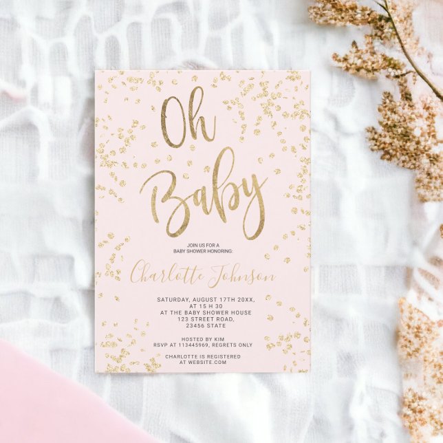 Convite Folha de ouro rosa moderna confete oh chá de frald (Modern pink gold foil confetti oh baby shower invitation)