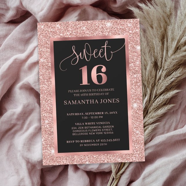 Convite Folha de ouro-rosa moderno, folha negra, 16 (Modern rose gold glitter foil black sweet sixteen)