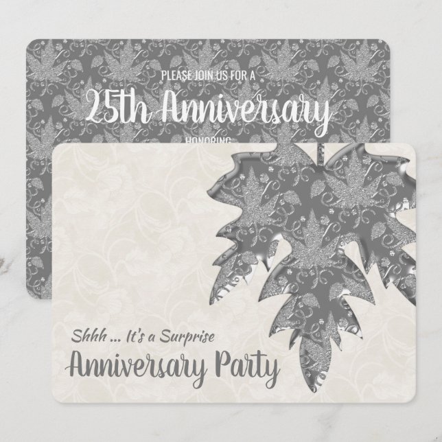 Convite Folha de Outono com Aparência de Metal Prateado 25 (Frente/Verso)