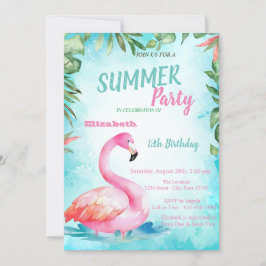 Convite Folha de Palme,Flamingos Fofos Festa de Aniversári