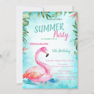 Convite Folha de Palme,Flamingos Fofos Festa de Aniversári