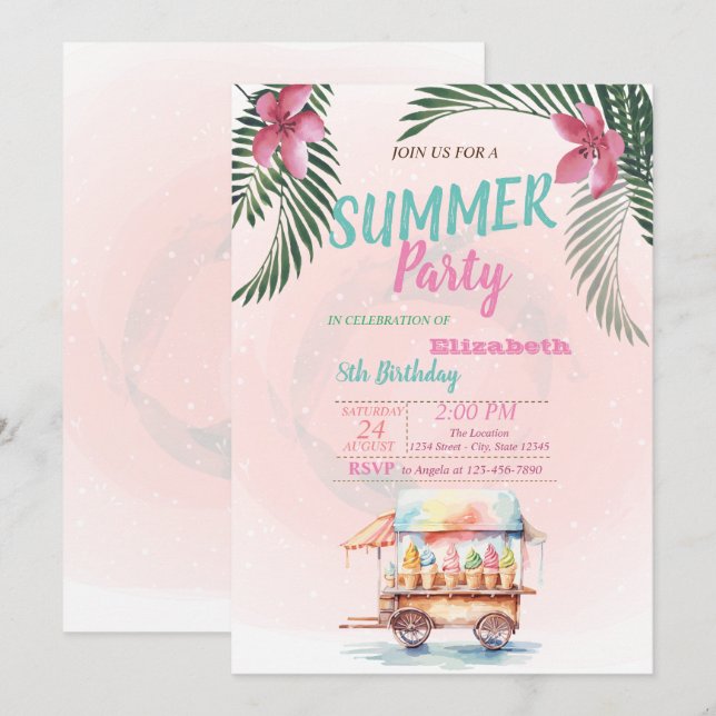 Convite Folha de Palme, Flores, Sorvetes Festa de Aniversá (Frente/Verso)