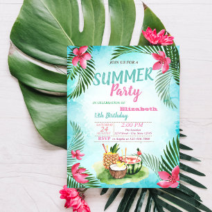 Convite Folha de Palmea,Flores Tropicais,Frutas Festa de A