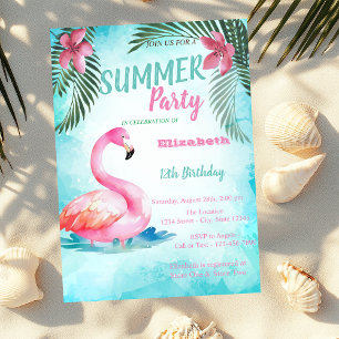 Convite Folha de Palmeira,Flamingos Rosa de Aniversário