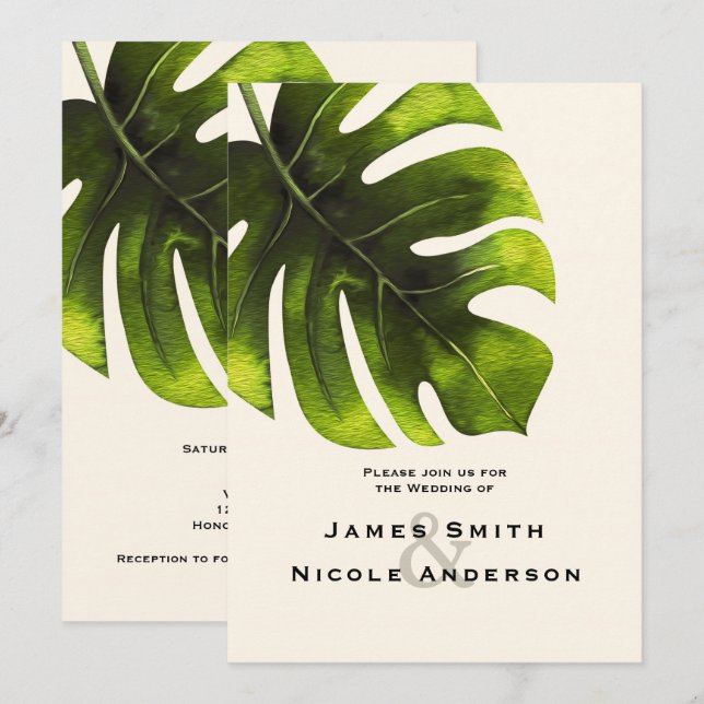 Convite Folha de Palmeira Tropical Verão Elegante Casament (Frente/Verso)