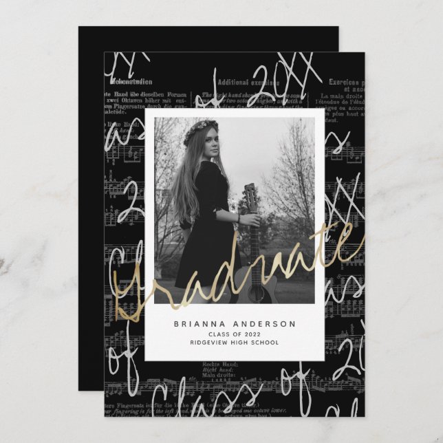 Convite Folha de Script de Música em Preto Graduação de Fo (Frente/Verso)