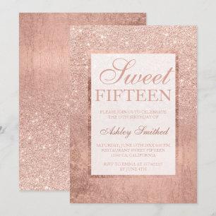 Convite Folha elegante de rosa dourada Faux Chic Sweet 15