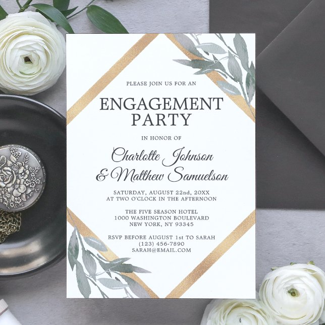 Convite Folha Elegante FESTA DE NOIVADO Dourada de oliveir (Elegant Leaf Sage Olive Gold ENGAGEMENT PARTY Invitation)