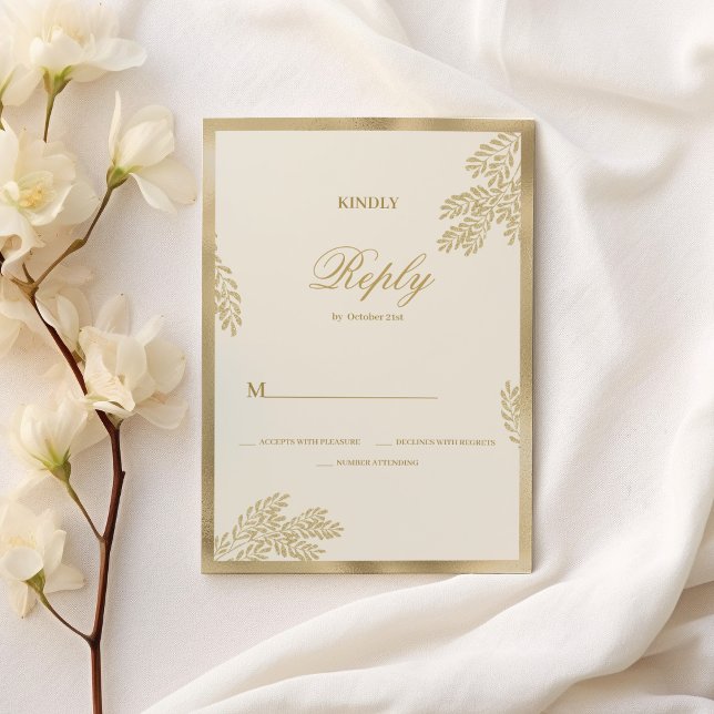 Convite Folha floral de Casamento de Casamento RSVP de Our (Luxury ivory gold glitter leaf floral Wedding RSVP)