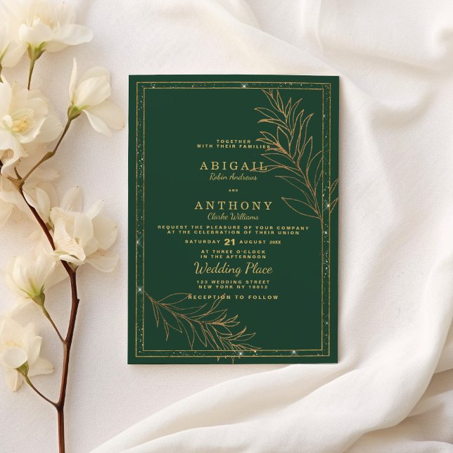 Convite Folha floral verde-escura luxuosa de ouro brilhant (Luxury dark green gold glitter leaf floral Wedding)