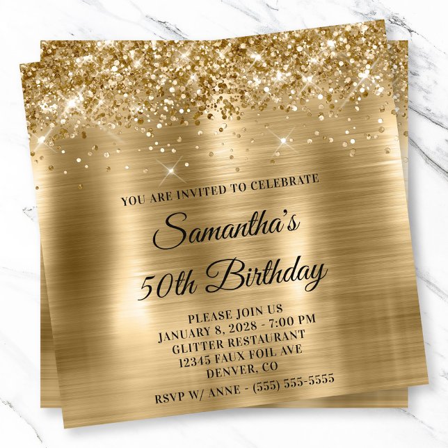 Convite Folha Metálica Dourada com Glittery Veja 50º anive (Glittery Gold Metallic Foil Look 50th Birthday Invitation)