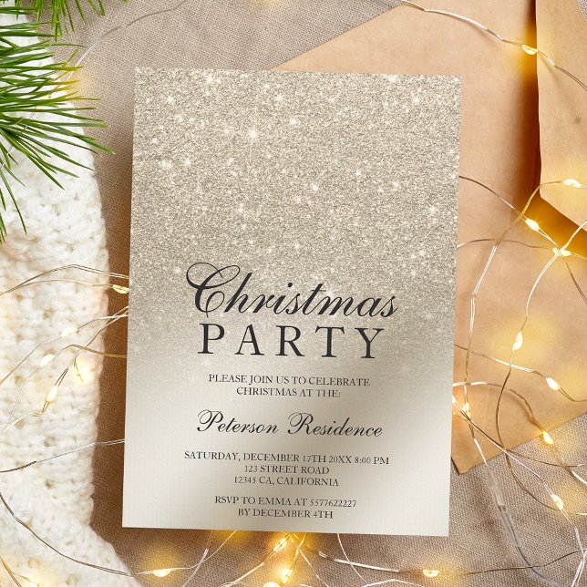 Convite folha metálica ombre de marfim pérola Natal (pearl ivory glitter ombre metallic foil Christmas Invitation)