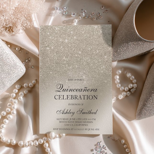 Convite folha metálica ombre de marfim Quinceañera (ivory glitter ombre metallic foil Quinceañera Invitation)