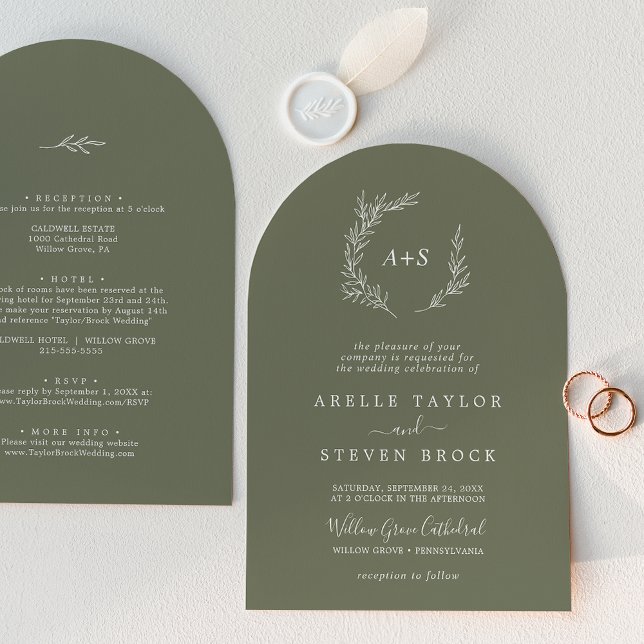 Convite Folha mínima | Arca Verde Escura Tudo Em Um Casame (Minimal Leaf | Dark Green Arch All In One Wedding Invitation)
