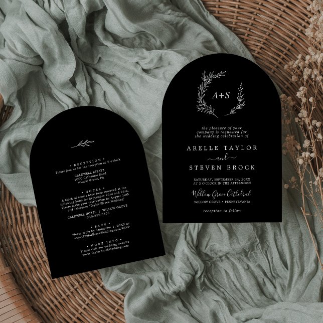 Convite Folha mínima | Arco Negro Escuro Em Um Casamento (Minimal Leaf | Dark Black Arch All In One Wedding Invitation)
