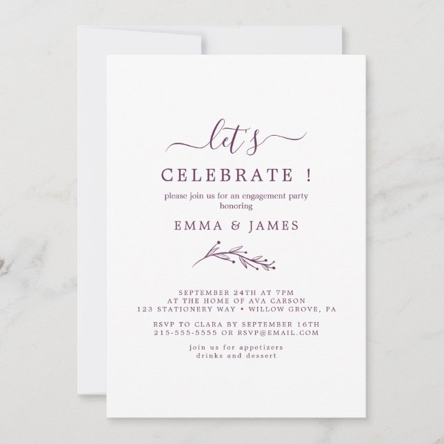 Convite Folha Mínima | Berinjela "Vamos Celebrar"  (Frente)