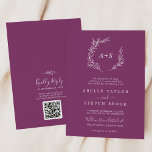 Convite Folha mínima | Berry Monograma Código QR Casamento<br><div class="desc">Este monograma mínimo de amora de folha é perfeito para um casamento de boho. A design apresenta uma simples silhueta verde folha em uma romântica cor violeta de verão com estilo minimalista de jardim boêmico. Salve o papel, incluindo um código QR para seu convidado para ver detalhes, RSVP ou ambos....</div>