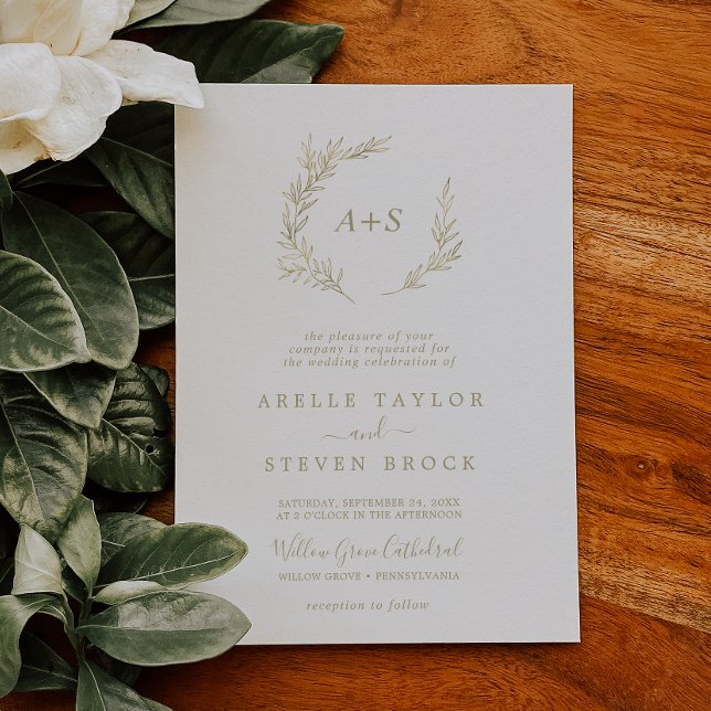 Convite Folha Mínima | Casamento de Monograma Formal Doura (Minimal Leaf | Gold Formal Monogram Wedding Invitation)