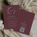 Convite Folha mínima | Monograma de Borgonha Código QR Cas<br><div class="desc">Este convite de casamento de monograma de folhosas, QR, é perfeito para um casamento de boho. A design boêmica apresenta uma simples silhueta verde em uma cor de vinho tinto escuro com estilo clássico de boho minimalista. Salve o papel, incluindo um código QR para seu convidado para ver detalhes, RSVP...</div>