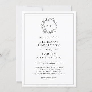 Convite Folha Mínima Preta e Branca Tudo em Um Casamento