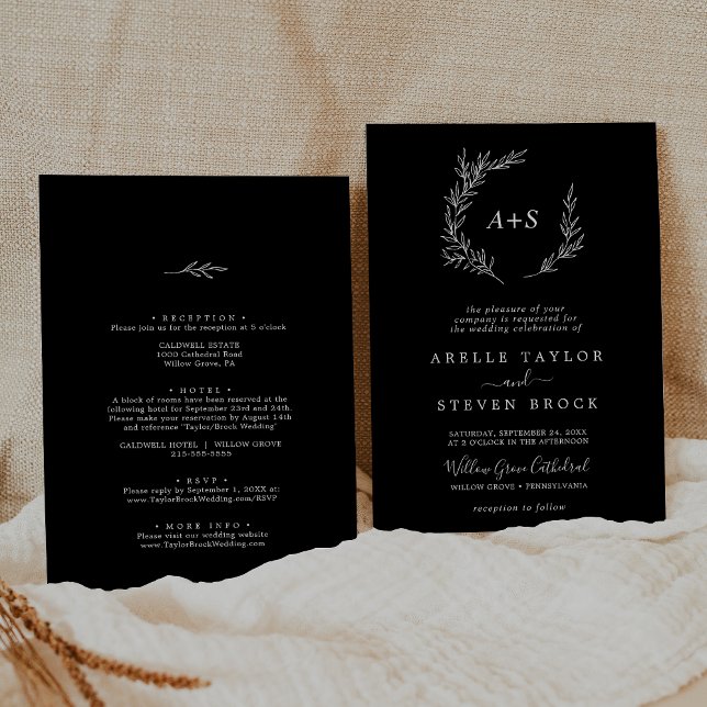Convite Folha mínima | Preto Escuro Tudo Em Um Casamento (Minimal Leaf | Dark Black All In One Wedding Invitation)