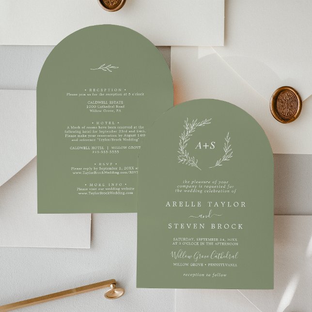 Convite Folha mínima | Sage Sage Arch Tudo Em Um Casamento (Minimal Leaf | Light Sage Arch All In One Wedding Invitation)