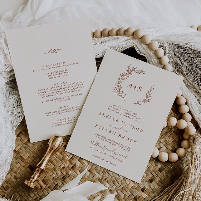 Convite Folha Minimal | Casamento Boho Cream Tudo Em Um (Minimal Leaf | Boho Cream All In One Wedding Invitation)