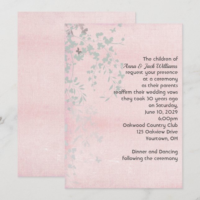 Convite Folha Prata e Rosa  (Frente/Verso)