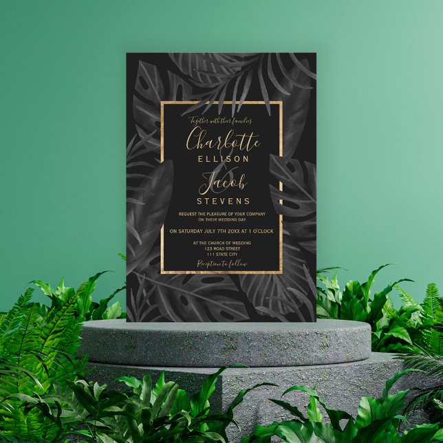 Convite Folha preta tropical, dourada, guião (Criador carregado)