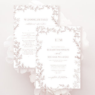 Convite Folha Rosa Empoeirada Elegante Monograma Detalhes