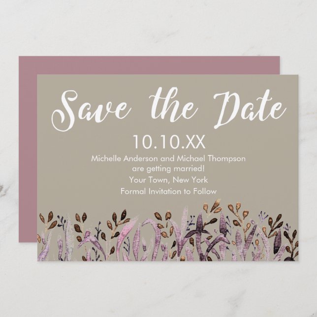 Convite Folha Roxa Rústica Salva a Data (Frente/Verso)