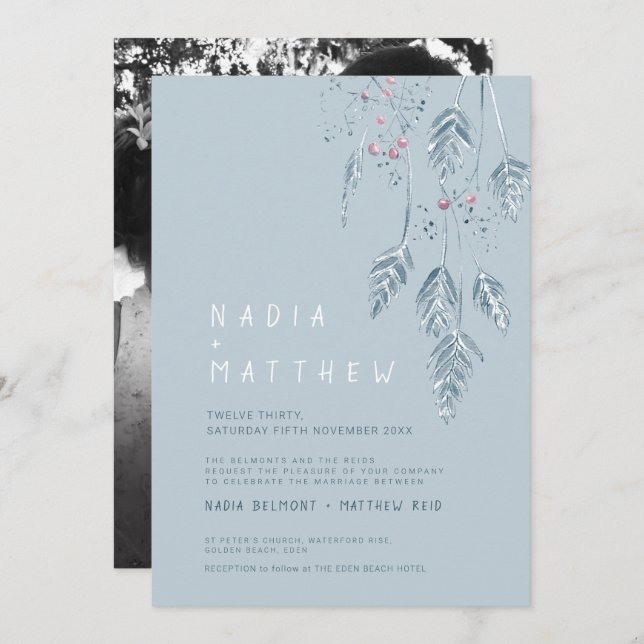 Convite Folha simples e bagas esboço foto poeirenta azul (Frente/Verso)