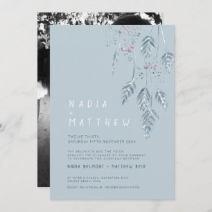 Convite Folha simples e bagas esboço foto poeirenta azul