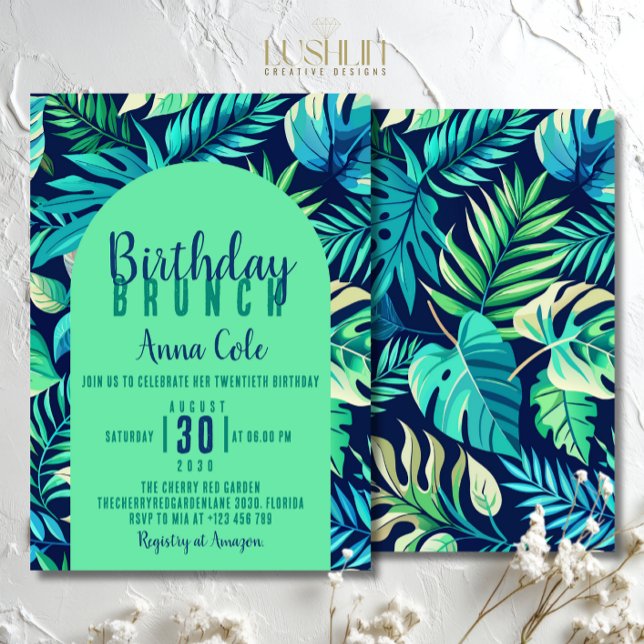 Convite Folha Tropical de Monstera em Verde e Azul Pastel (Criador carregado)