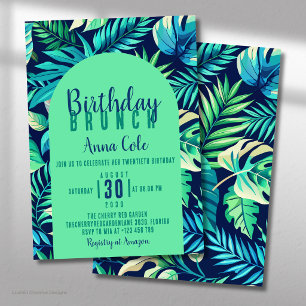Convite Folha Tropical de Monstera em Verde e Azul Pastel
