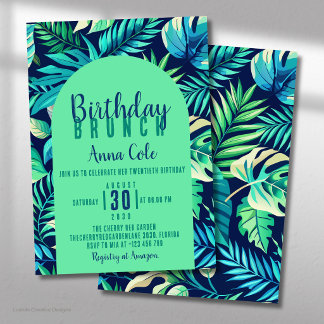 Convite Folha Tropical de Monstera em Verde e Azul Pastel
