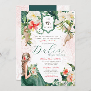 Convite Folha Tropical Emerald Green Floral Quinceanera