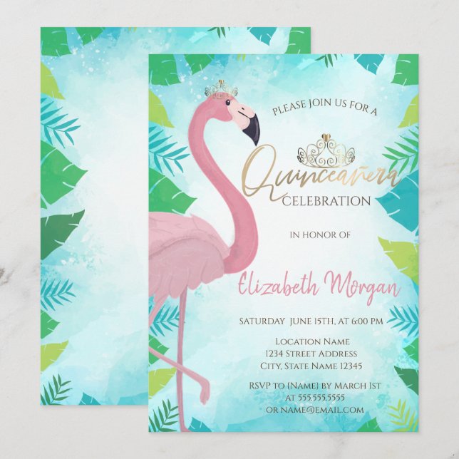 Convite Folha Tropical Flamingo Rosa Verão Quinceañera (Frente/Verso)