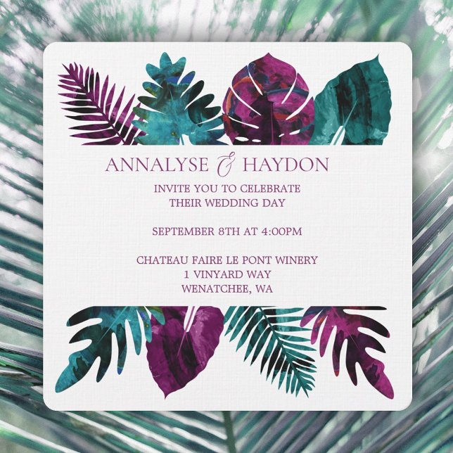Convite Folha Tropical, Teal, Casamento Rosa Berry Selvage (tropical teal, wild berry pink island leaves wedding invitations, monstera, ferns, palm leaves)