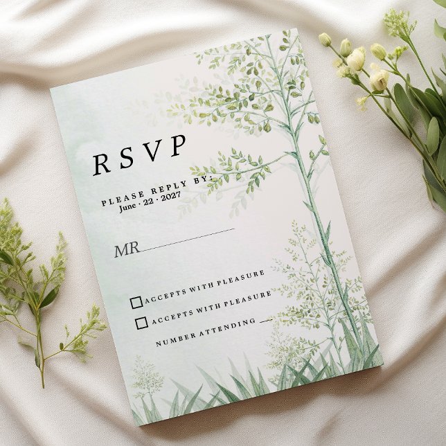Convite Folha verde-botulínica RSVP (Botanical greenery leaf floral rustic RSVP)