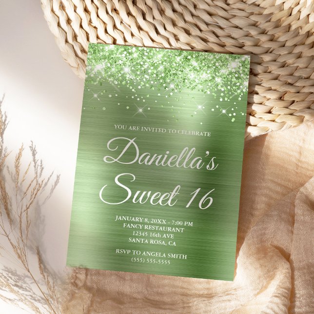 Convite Folha Verde Clara Espontilhada Brilhante Doce 16 (Pale Green Glam for Her Sweet 16)