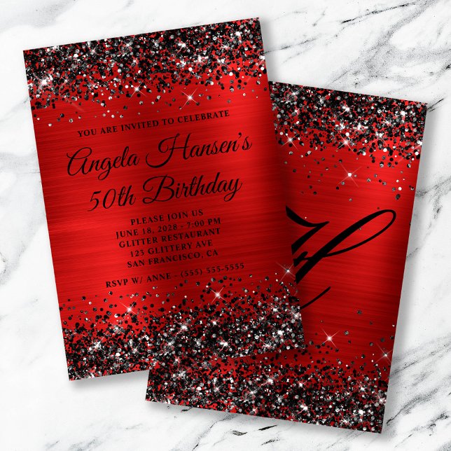 Convite Folha vermelha escura Monograma 50º Aniversário (Black Glitter Red Foil Monogram 50th Birthday Invitation)