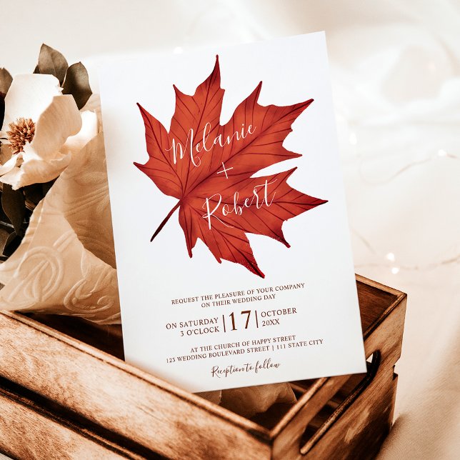Convite Folha vermelha russa, folha de casamento simples (Rustic red brown maple leaf simple wedding initial invitation)