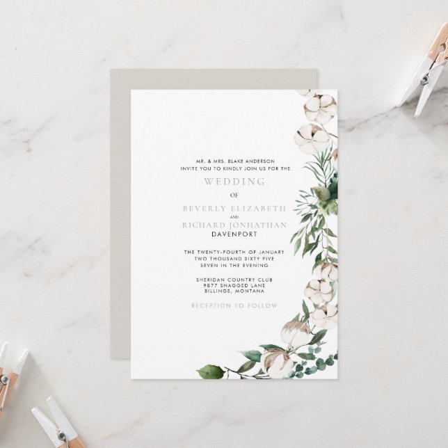 Convite Folhagem & Algodão Casamento Moderno (Frente/Verso In Situ)