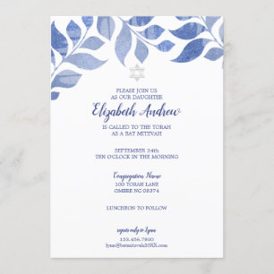 Convite Folhagem Azul Elegante Bat Mitzvah