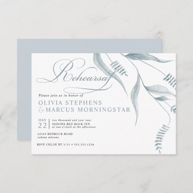 Convite Folhagem Azul Moderna Elegante (Frente/Verso)